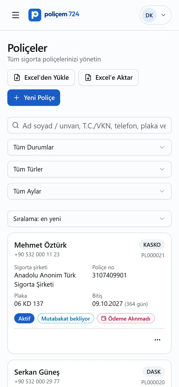 Poliçem 7/24 Poliçeler ekranının telefon görünümü